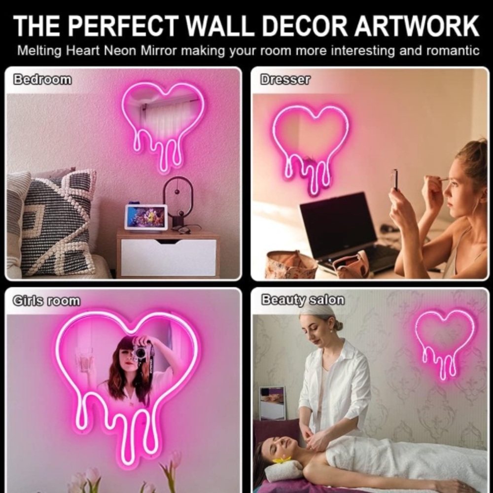 Pink Mirror Neon Light melting heart adjustable brightness dripping heart - Picture 7 of 9